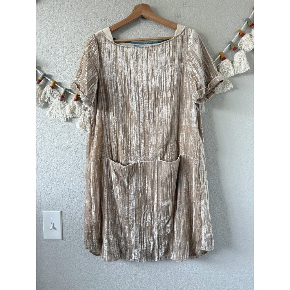 Anthropologie Floreat Crinkle Crushed Velvet Champagne Tunic Mini Dress Glam S